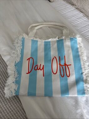 Striped Fringe Tote Bag in Blue & White with Red Script